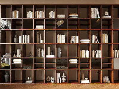 Wooden Bookcase Interior Design With Open Shelves Books And Decorative Pieces 3d model