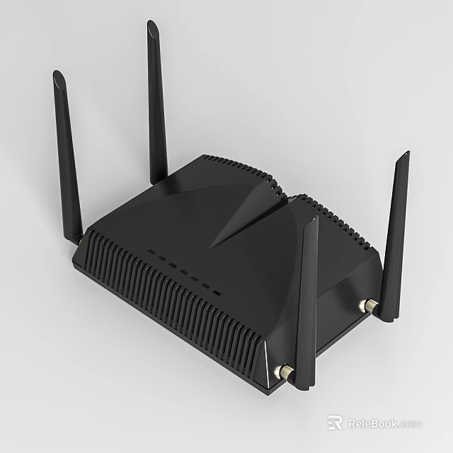 Black Wireless Office Router With Four Antennas 3d model 