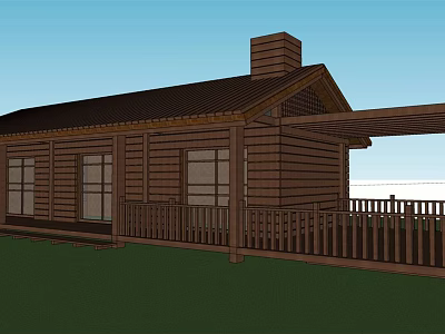 Rustic Log Cabin With Dark Roof Chimney And Front Porch Wooden Railing 3d model