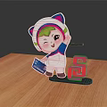 Cartoon Character With Cat Ears Green Hair Holding Blue Card Red Symbol On Wooden Table