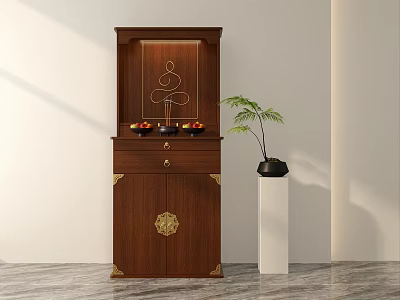 Wooden Buddhist Shrine Cabinet With Golden Accents And Offerings On Top And Green Plant Beside 3d model