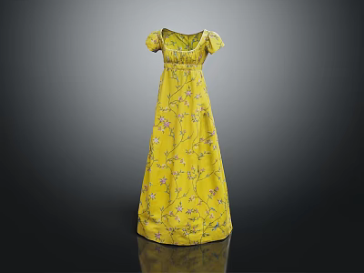 Elegant Yellow Floral Long Dress With Puffed Sleeves And Square Neckline 3d model