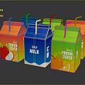 Display Shelves Featuring Colorful Beverage Cartons Fresh Juice Milk with Straws and Fruit Designs
