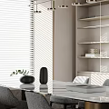 Modern Living Dining Room Interior With Grey Sofa Open Bookshelves Dining Table And Hanging Lights