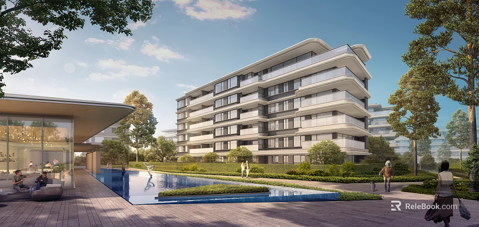 Modern Apartment Building With Balconies Swimming Pool And Landscaped Garden Area 3d model 