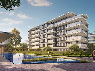Modern Apartment Building With Balconies Swimming Pool And Landscaped Garden Area 3d model
