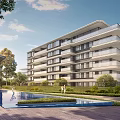Modern Apartment Building With Balconies Swimming Pool And Landscaped Garden Area
