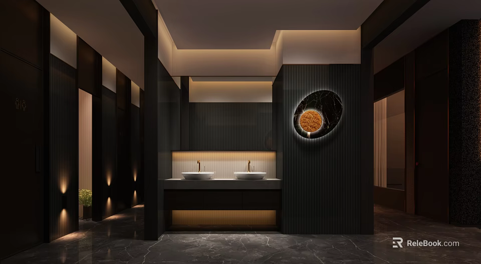 Modern Other Bathroom With Dark Tones Double Sinks And Art Decor 3d model 