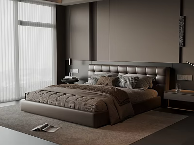 Modern Bedroom Interior Design With Large Bed Dark Headboard Nightstands And Window Blinds 3d model