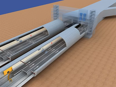 Road Infrastructure With Dual Lane Tunnels And Support Structures On Sandy Terrain 3d model