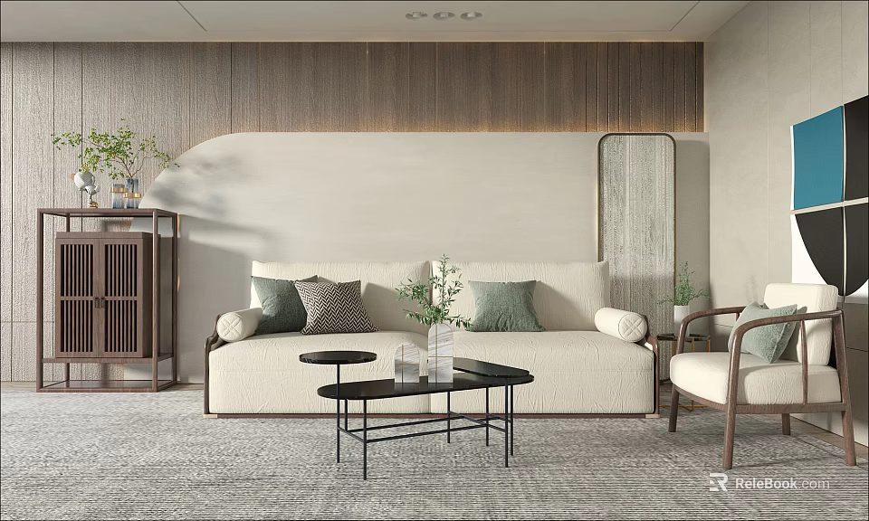 Modern Beige Sofa and Black Coffee Table Set with Green Cushions Plants and Wooden Decor 3d model 