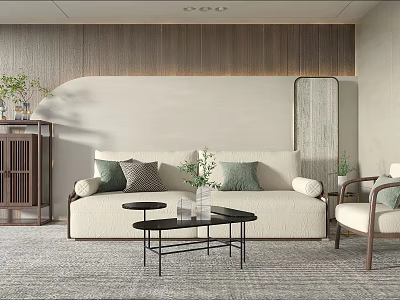 Modern Beige Sofa and Black Coffee Table Set with Green Cushions Plants and Wooden Decor 3d model
