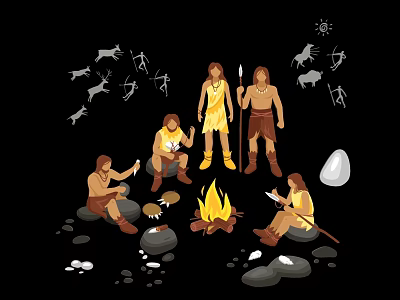 Silhouette Of Prehistoric People Gathering Around Campfire With Stone And Animal Background Silhouettes 3d model