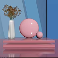Decorative Pink Platform Set With White Vase Orange Dried Flowers And Pink Spheres Blue Background