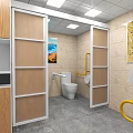 Public Restroom Interior With Tiled Walls Mirror Toilet Sink Yellow Grab Bars And Glass Partition