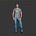 Man Wearing Striped T-Shirt And Blue Jeans With Cap Standing Against Gray Background