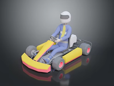 Person Wearing Helmet Driving Yellow And Pink Go Kart With Seats And Wheels 3d model