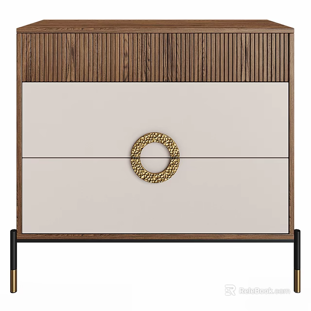 Elegant Modern Nightstand With Fluted Wood Frame Two Beige Drawers And Textured Golden Round Handle 3d model 