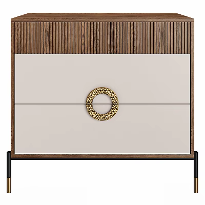 Elegant Modern Nightstand With Fluted Wood Frame Two Beige Drawers And Textured Golden Round Handle 3d model