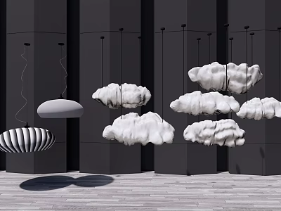 Modern Interior Space With Creative Cloud Shaped And Striped Pendant Chandeliers 3d model