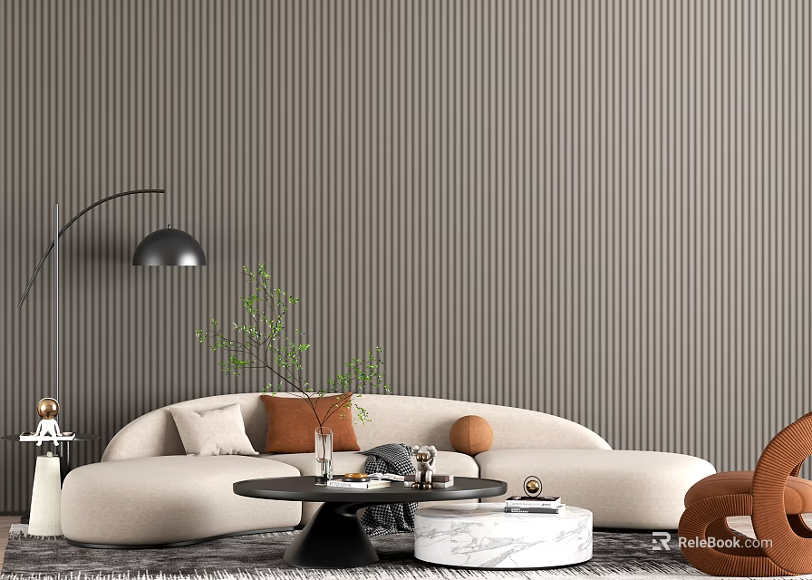 Beige Curved Sofa and Coffee Table Set with Decorative Pillows and Striped Gray Wall 3d model 