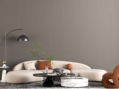 Beige Curved Sofa and Coffee Table Set with Decorative Pillows and Striped Gray Wall 3d model