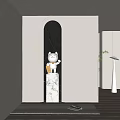Modern Entryway Design With Arched Doorway And White Cat Figurine On Marble Column