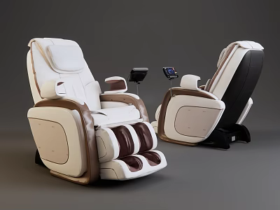 Dual Modern Massage Chairs With White Beige Brown Leather And Control Panel 3d model