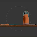 Clothing Mannequin in Green Top and Orange Skirt with Folded Fabrics on Display Platform