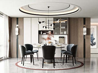 Dining Room Round Dining Table and Chair Wine Cabinet Decorative Background Wall Dining Table Dining Chair Ornaments 3d model