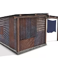 Construction Site Temporary Building With Metal Sheets Wooden Frames Louvered Panels And Flag