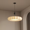 Modern Petal Shaped Chandelier with Off White Fabric Shade Hanging from Ceiling in Minimalist Interior
