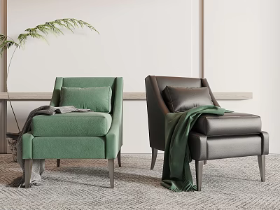 Green Dark Brown Single Seater Sofa with Cushions Throws Indoor Plant Light Wall Grey Carpet 3d model