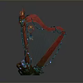 Decorative Red Harp With Flame Shaped Top Green Cord And Colorful Base