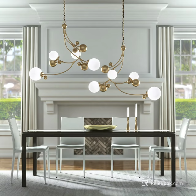 Elegant Dining Table Set With White Chairs Gold Chandelier And Fireplace Windows 3d model 