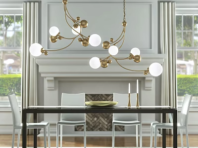 Elegant Dining Table Set With White Chairs Gold Chandelier And Fireplace Windows 3d model