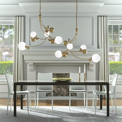 Elegant Dining Table Set With White Chairs Gold Chandelier And Fireplace Windows 3d model