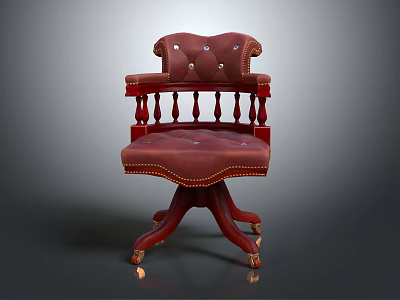 Classic Red Leather Button Tufted Armchair With Carved Wooden Frame And Wheeled Base 3d model
