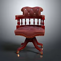 Classic Red Leather Button Tufted Armchair With Carved Wooden Frame And Wheeled Base