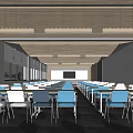 Modern School Classroom Interior Design With Open Layout Spacious Desks And Blue Chairs 3d model