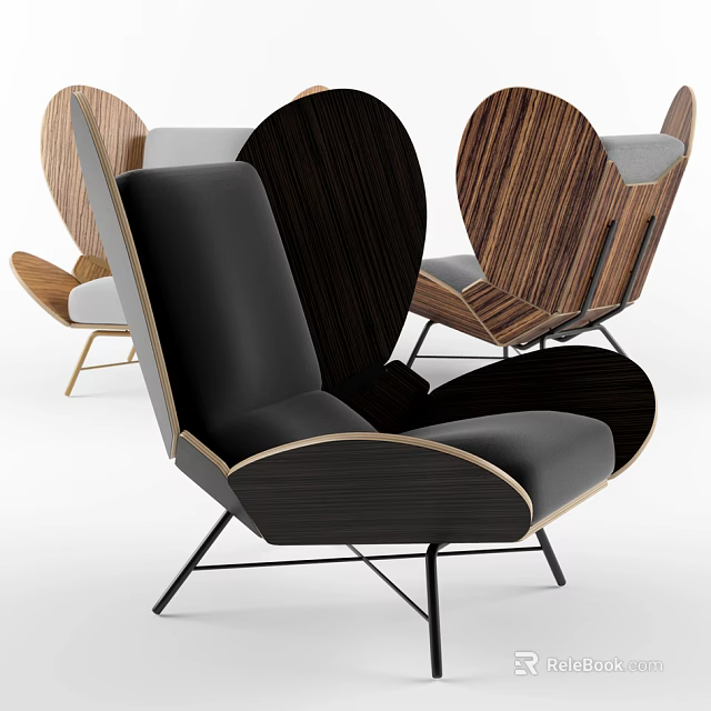 Modern Leisure Chair Design With Wooden Backrest Black Leather Cushion And Metal Legs 3d model 