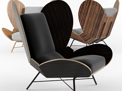 Modern Leisure Chair Design With Wooden Backrest Black Leather Cushion And Metal Legs 3d model