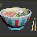 Colorful Striped Bowl of Ramen with Red Broth White Egg Pink Meat and Green Vegetables
