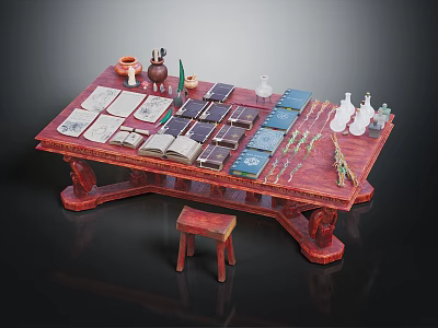 Traditional Wooden Table and Stool Set with Open Book Scrolls Bottles and Dried Herbs 3d model
