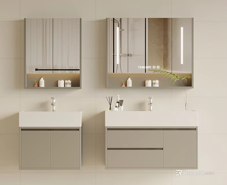 Modern Minimalist Bathroom Double Vanity With Mirrors And Cabinets On Light Colored Tiles 3d model 