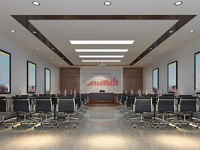 Spacious Modern Conference Room With Rows Of Chairs Podium Large Windows And Projector Screen 3d model