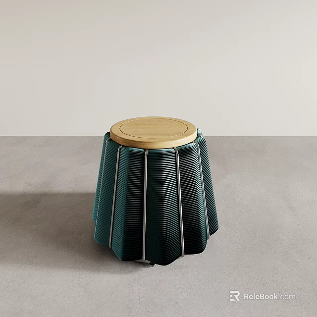 Contemporary Green Side Table With Pleated Design And Round Wooden Top 3d model 