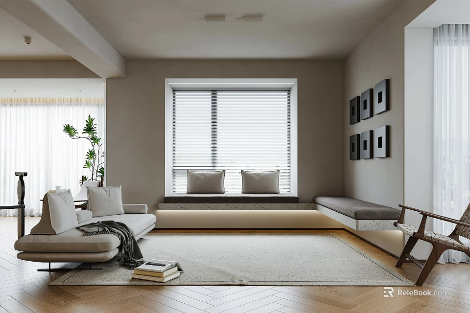 Modern Living And Dining Room Interior With Sofa Window Blinds Area Rug And Framed Art 3d model 