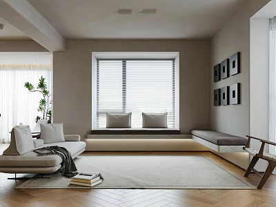 Modern Living And Dining Room Interior With Sofa Window Blinds Area Rug And Framed Art 3d model