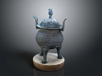 Ancient Bronze Sculpture Carving With Intricate Engravings Lid Handles And Three Legs Base 3d model